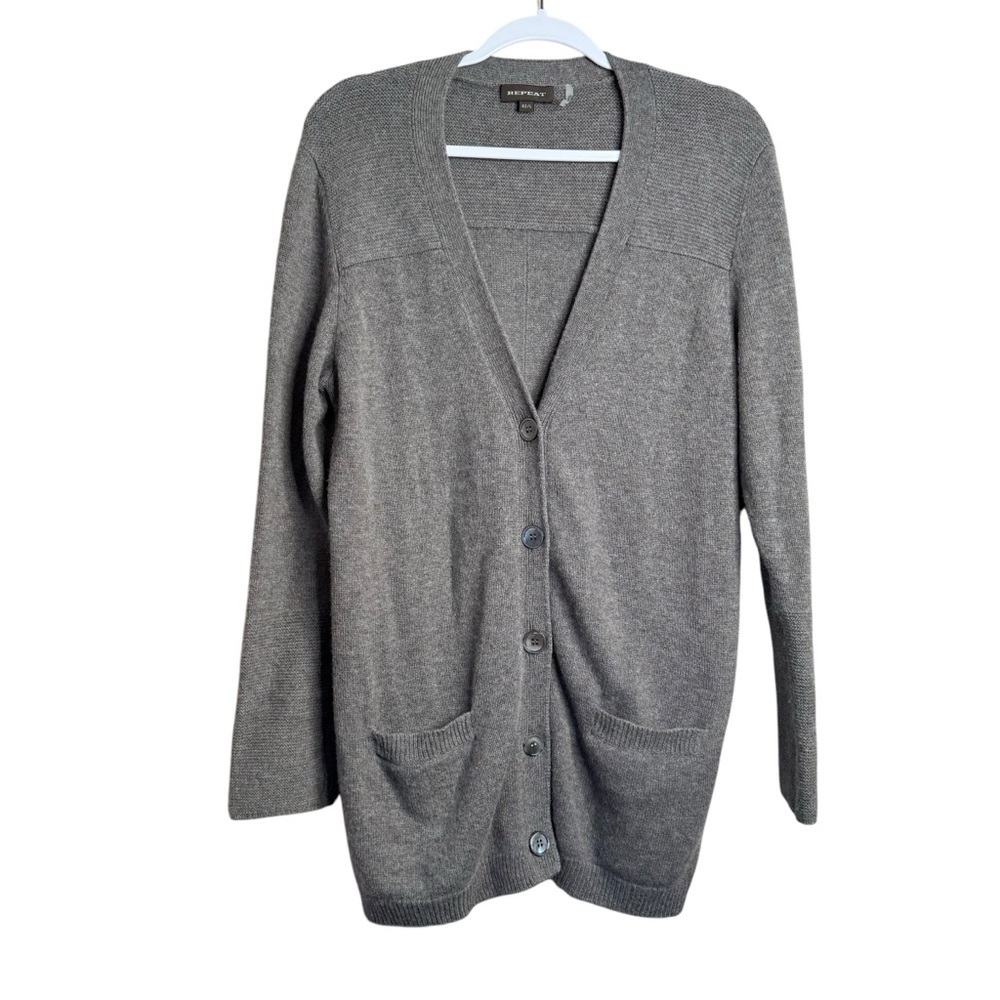 REPEAT CASHMERE Gray Wool Cashmere Knit V-Neck Button Scarlet Cardigan 42 US L